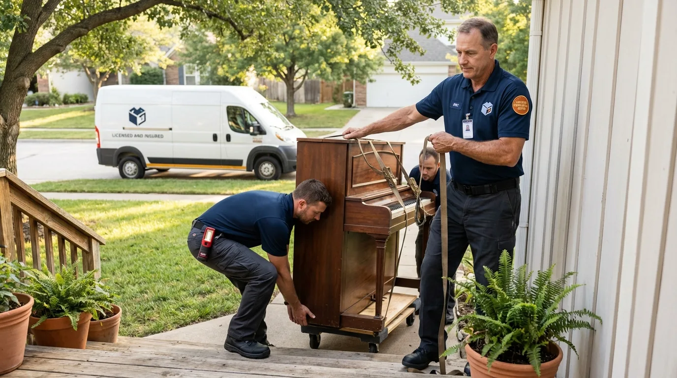 Licensed piano movers securing grand piano in Douglass, KS