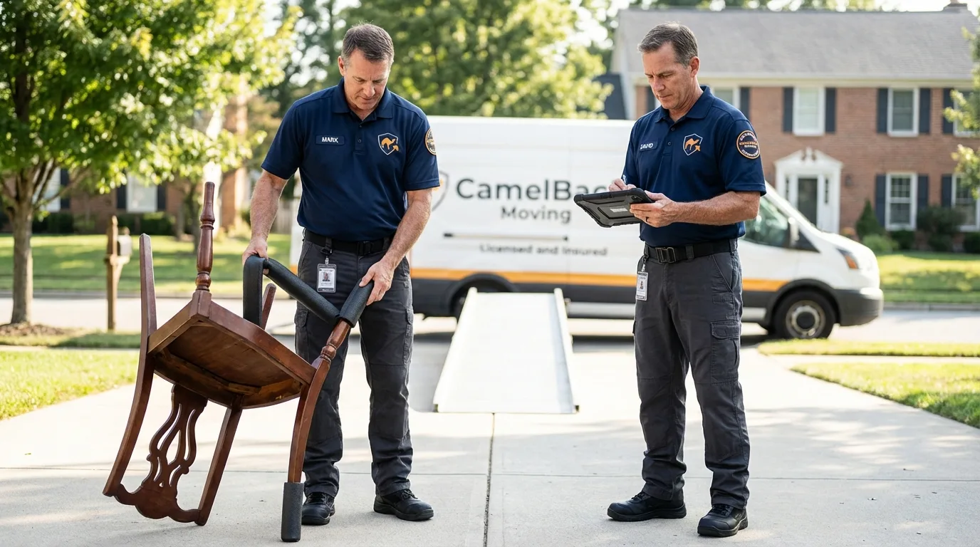 Movers inspecting furniture for damage prevention before loading in Douglass, KS