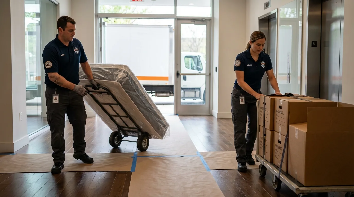 Professional apartment movers loading elevator in Douglass, KS
