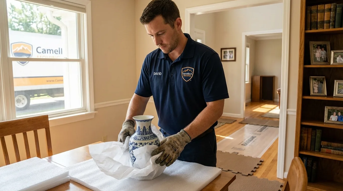 Professional crew carefully wrapping antique vase for senior downsizing move in Douglass, KS